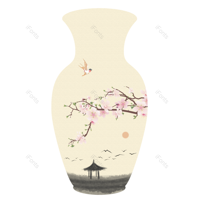 水墨图片,中国元素,亭子PNG,花瓶免抠素材